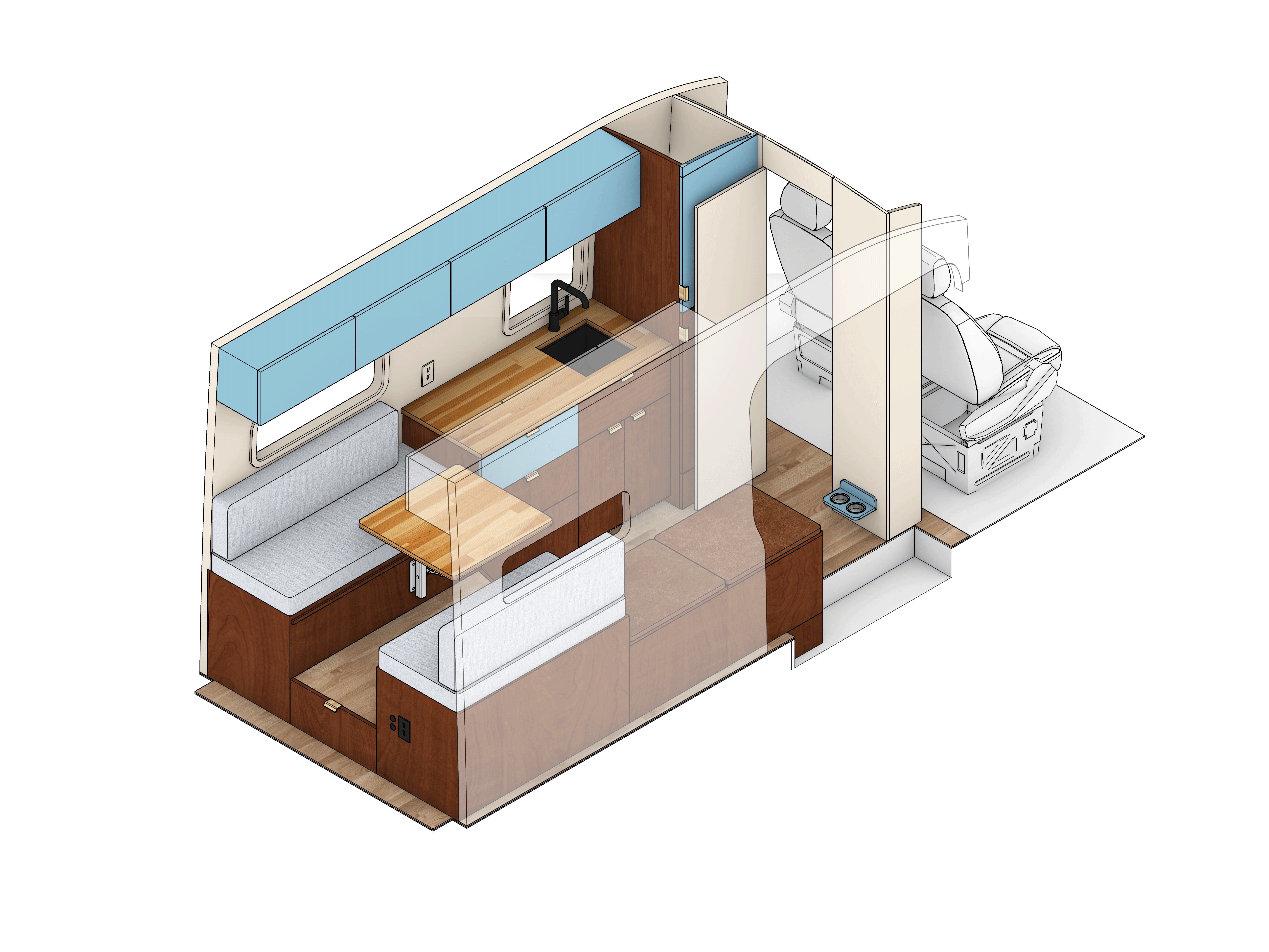 GIF 3D design layout for RoRo Boat-a modern mid-century style Ford Transit camper van conversion by Redpoint Vanture with light blue exterior and dark wood accents  