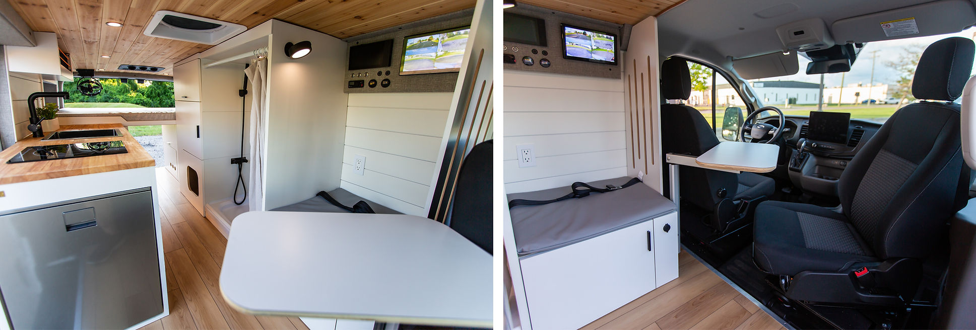 Wide view of van interior from rear to front and front to rear– displays layout including bench seating, kitchen, and custom partition wall separating the cab.