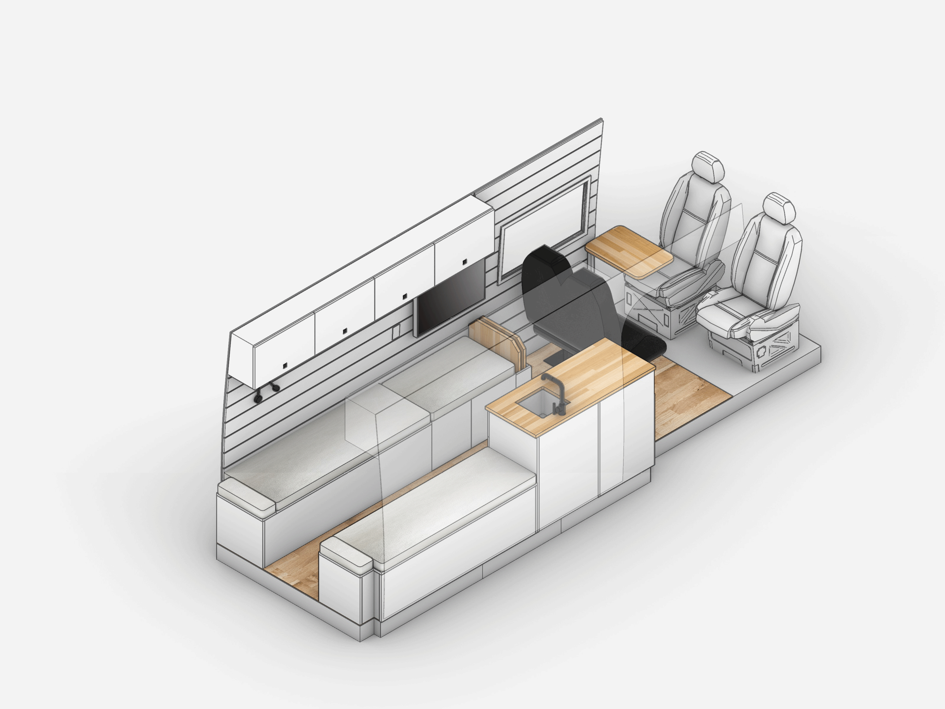 3D model of a camper van layout design with a front folding seat, a kitchen and a large dinette