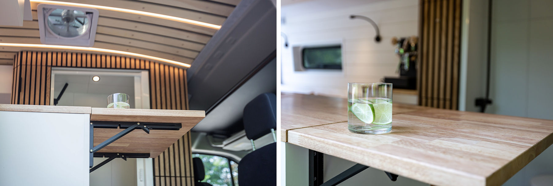 details of slatted wall and ceiling, extendable countertop in a custom build camper van on Ford Transit 148 EXT