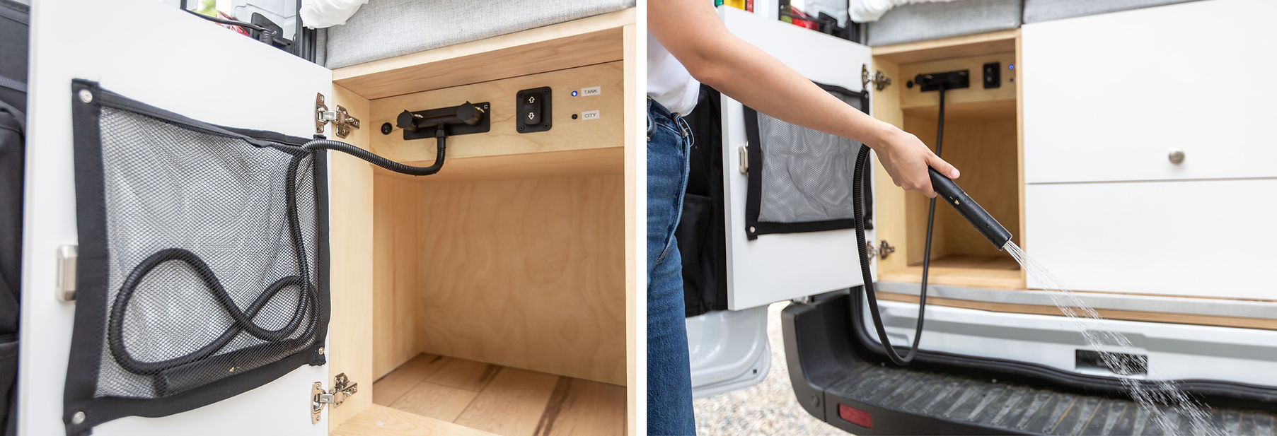 custom built camper van on Ford Transit 148 EXT with rear shower and shower head storage