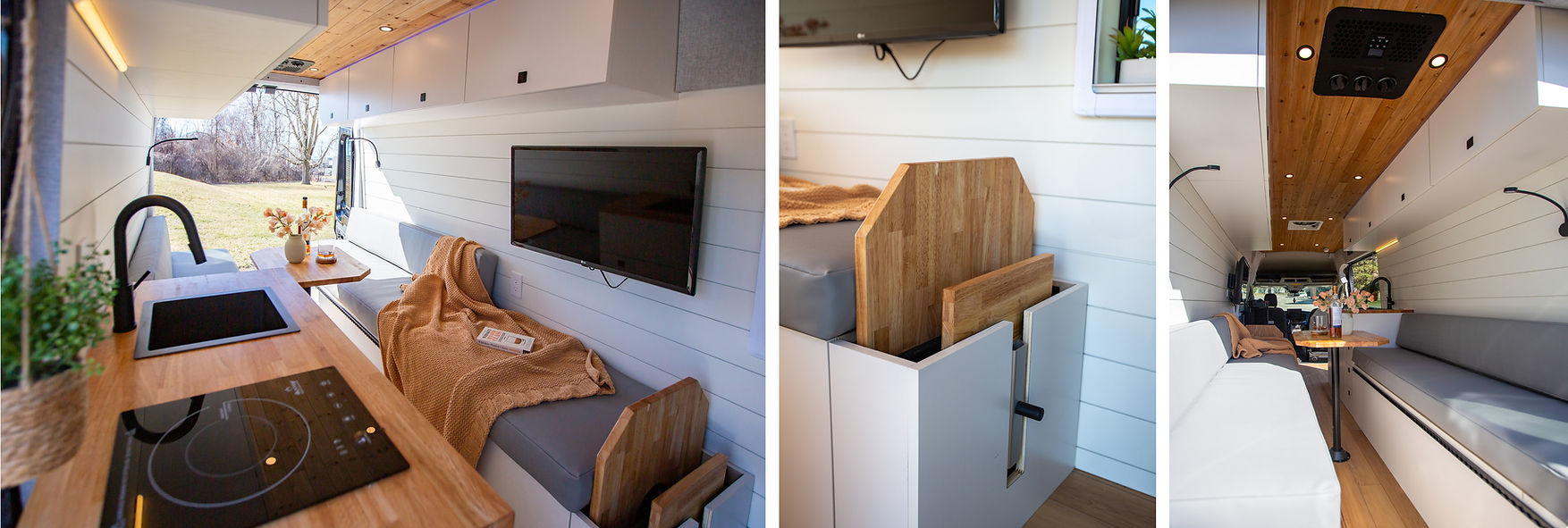 A cozy dinette setup inside a camper van, featuring a sleek table that fits perfectly into a designated storage slot when not in use. The space is designed for both comfort and functionality, maximizing versatility in the van's layout.