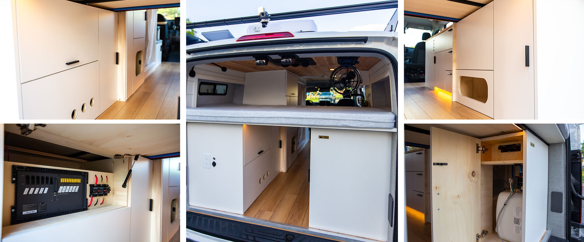 Rear view of van with doors open – highlights easy access to under-bed garage storage, EcoFlow electrical system and water system..