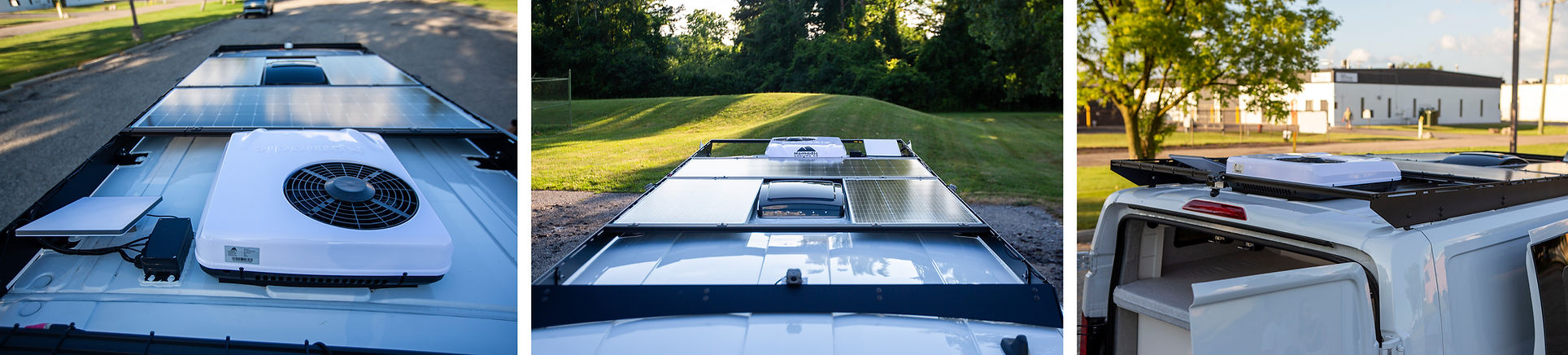 Roof detail showing fan, solar panel, roof rack and Starlink – practical roof layout for off-grid living with ventilation, solar power and internet..