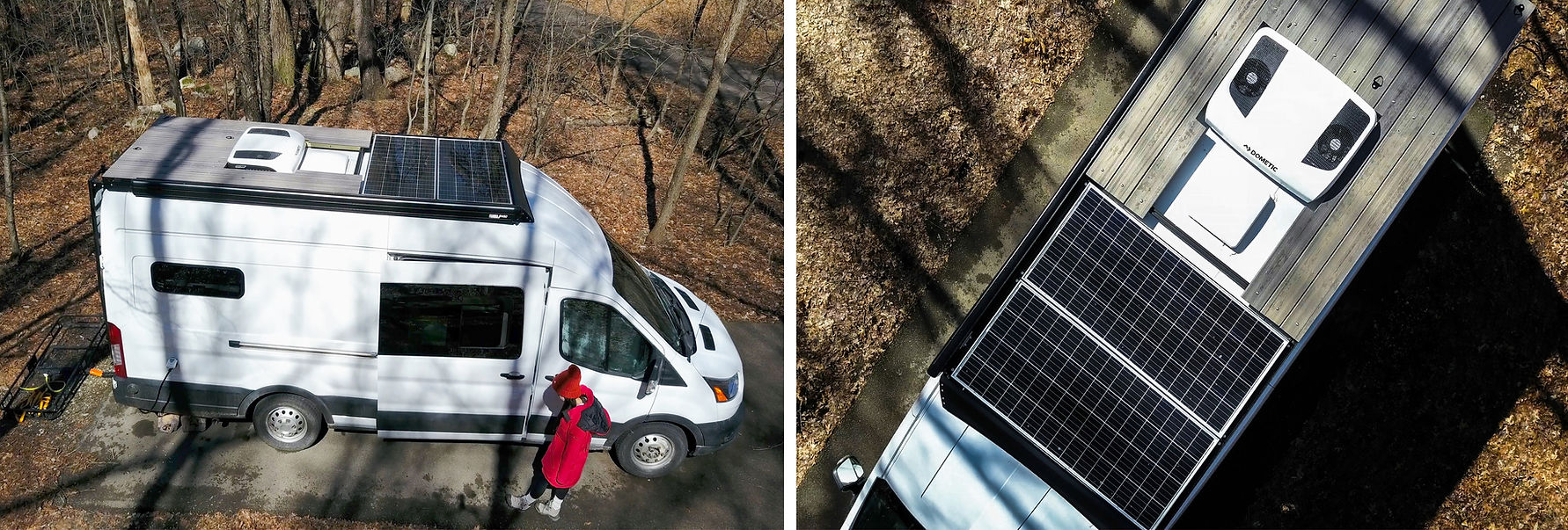 exterior view of a custom build camper van on Ford Transit 148 EXT with solar panels, AC, fan and a small walkable roof deck