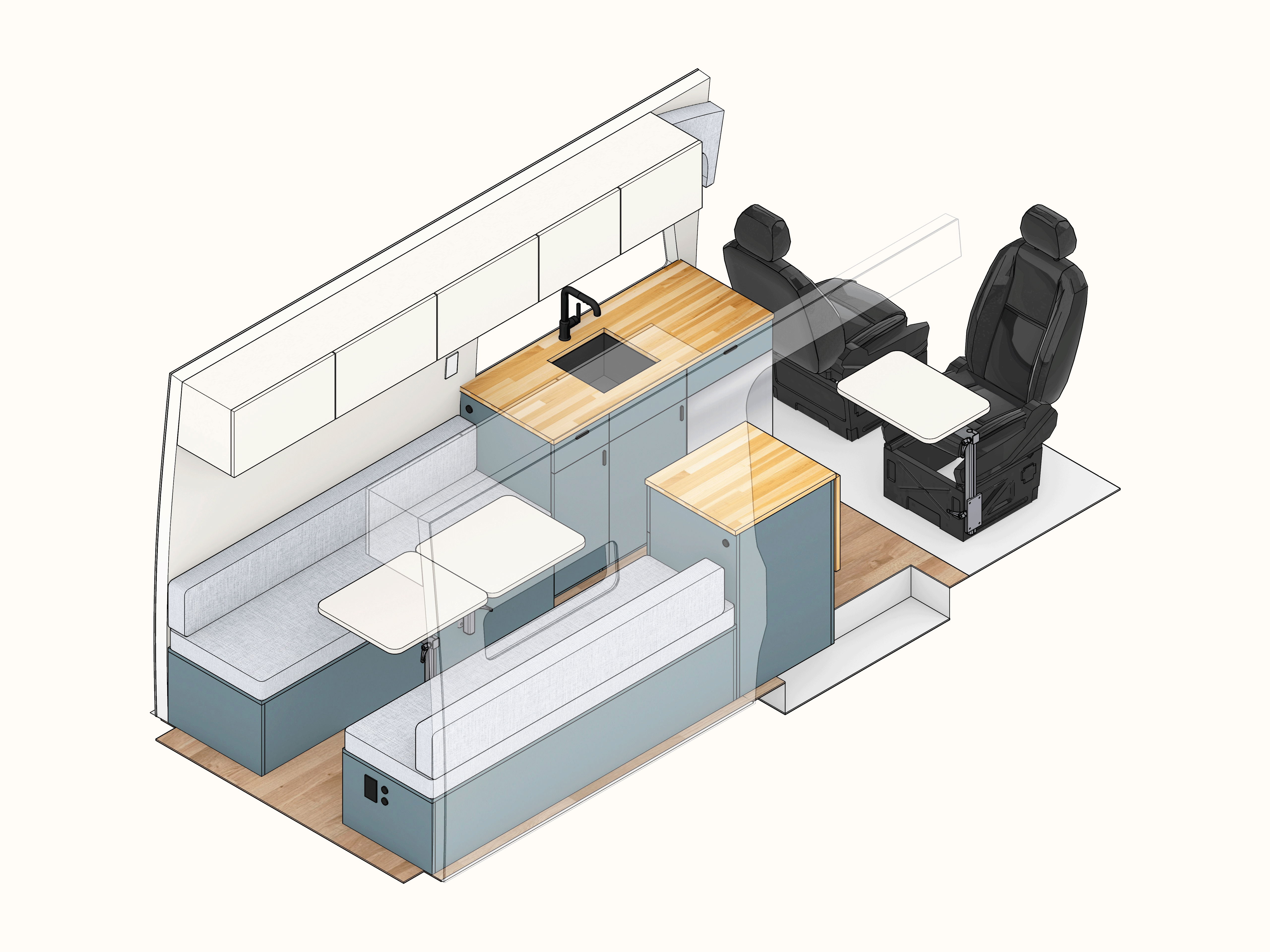 3D layout model of the Apollo Ford Transit camper van conversion, showing the front seats, center galley, rear dinette benches, storage cabinets, and open walkway.