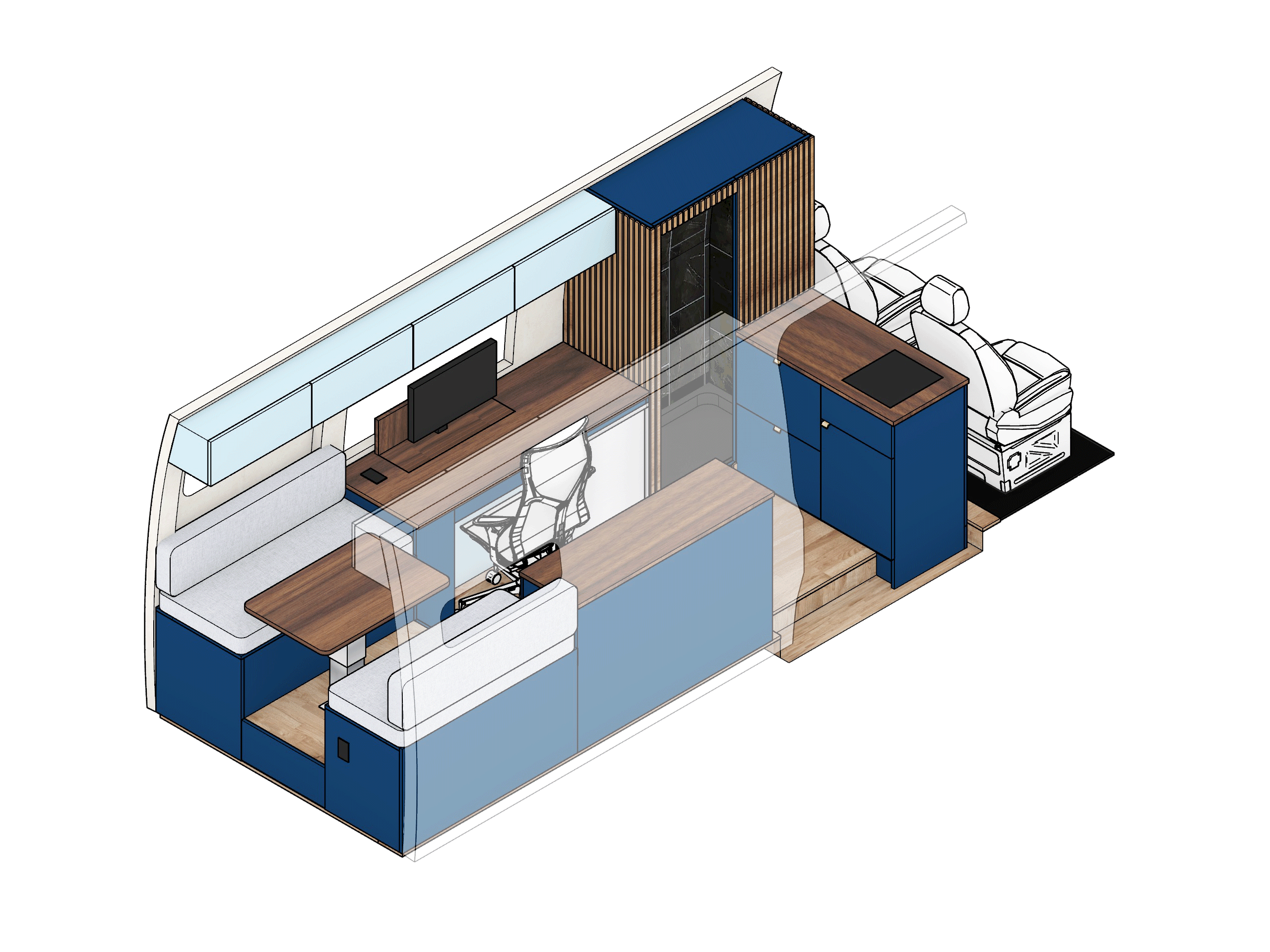 3D interior layout of a custom Sprinter 170 WB showing convertible dinette, workstation with monitor lift, kitchen, and full shower, designed speficifically for digital nomads.