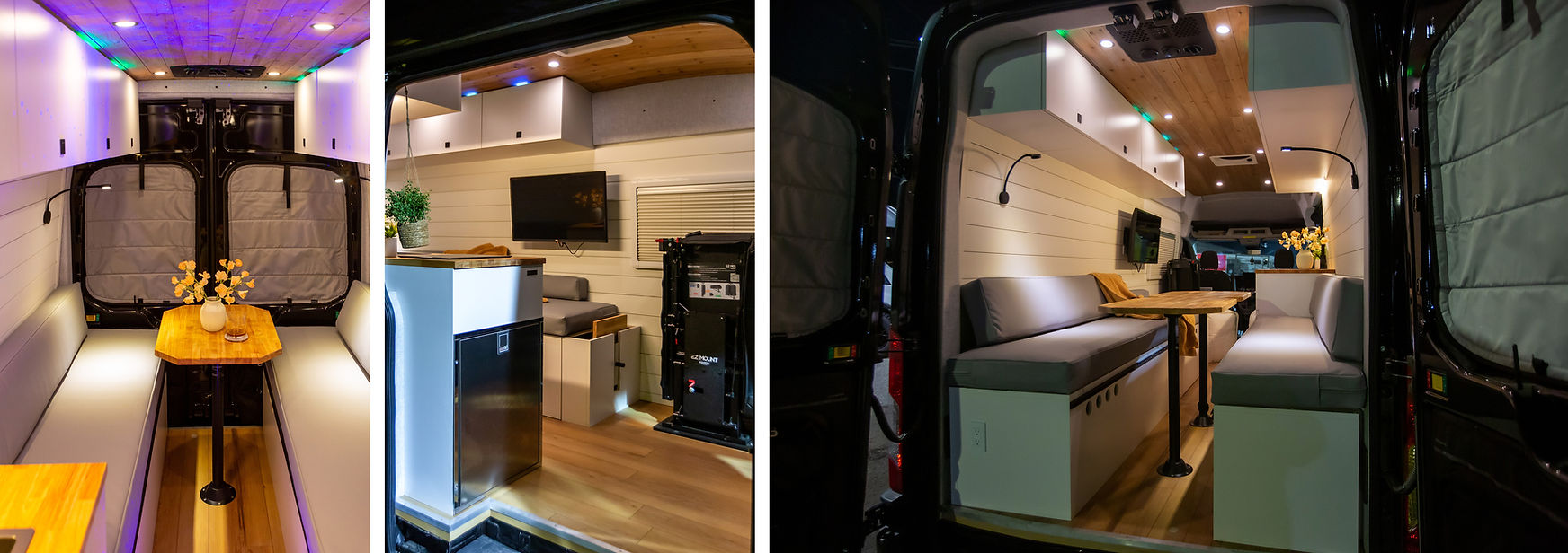 A custom build camper van with a dinette and front folding seats and kitchen at night