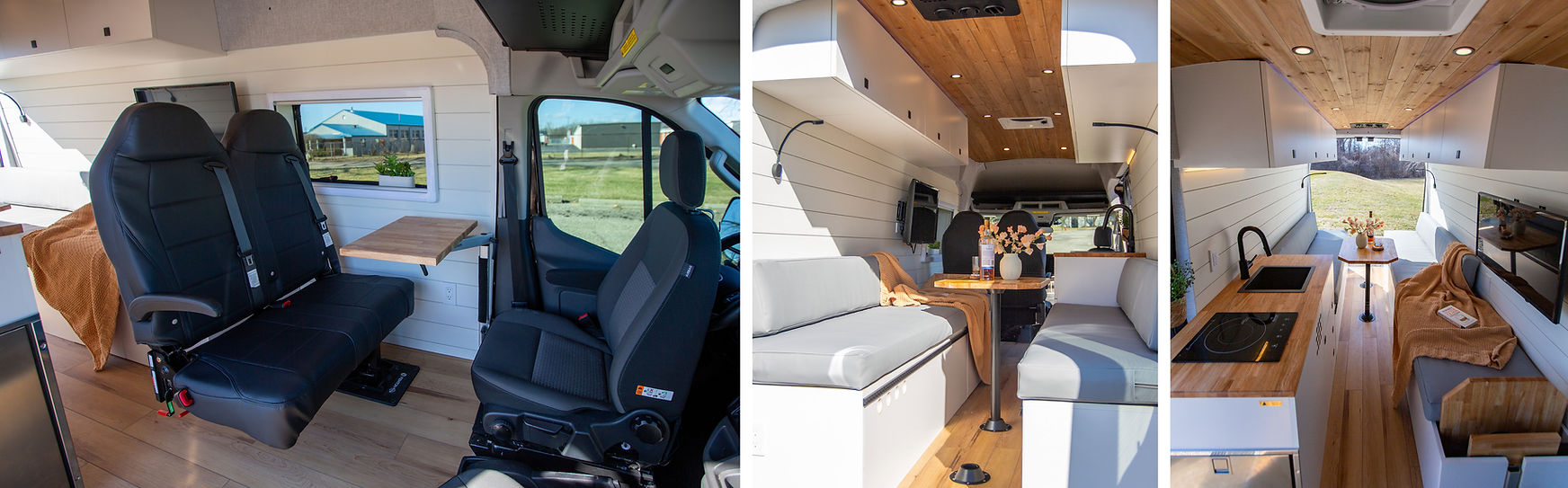 The spacious dinette set up in a custom build camper van, along with a front louge area with two folding seats and two front swivel seats