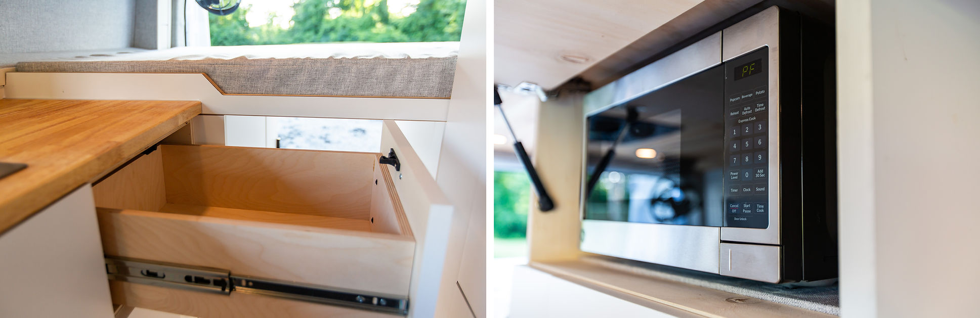 details of a pulled out drawer and microwave hidden in an overhead cabinet