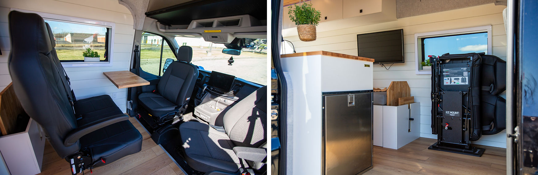 A front lounge area in a camper van, showcasing its versatile setup with two swivel seats in the front and a two-seater folding seat at the back, complemented by a Lagun table for added functionality.