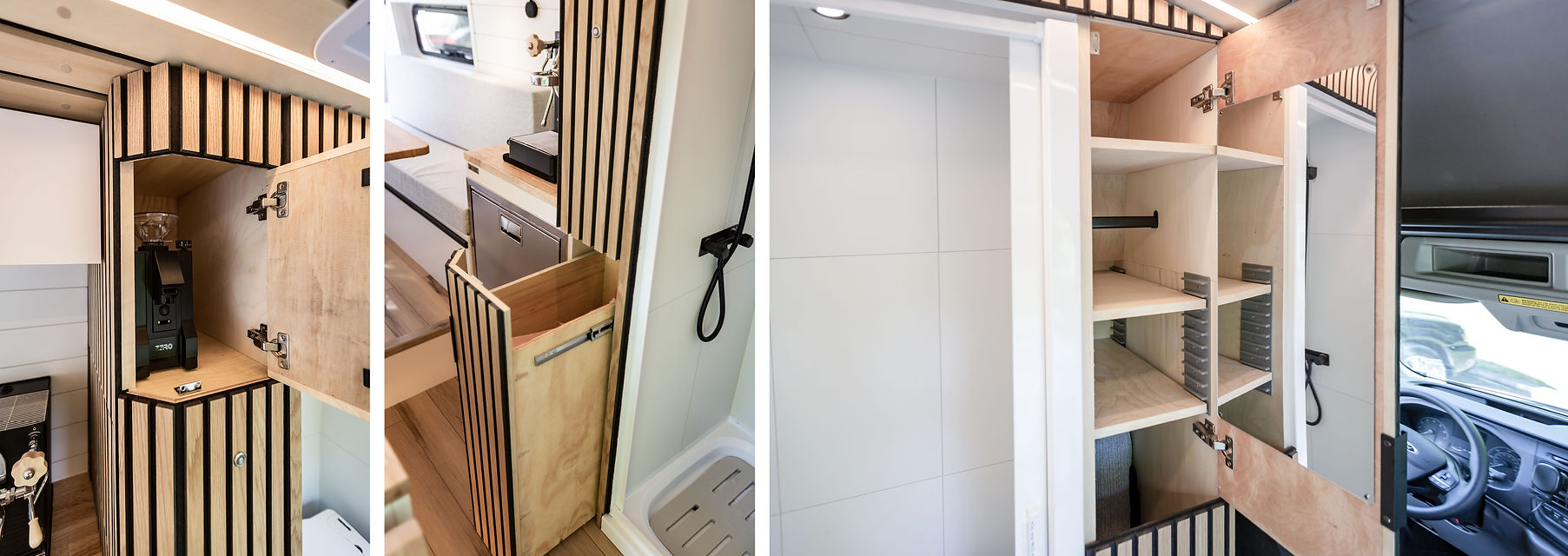 custom build camper van on Ford Transit 148 EXT with coffee machine accessories, full-height closet with removable shelves and a deep drawer