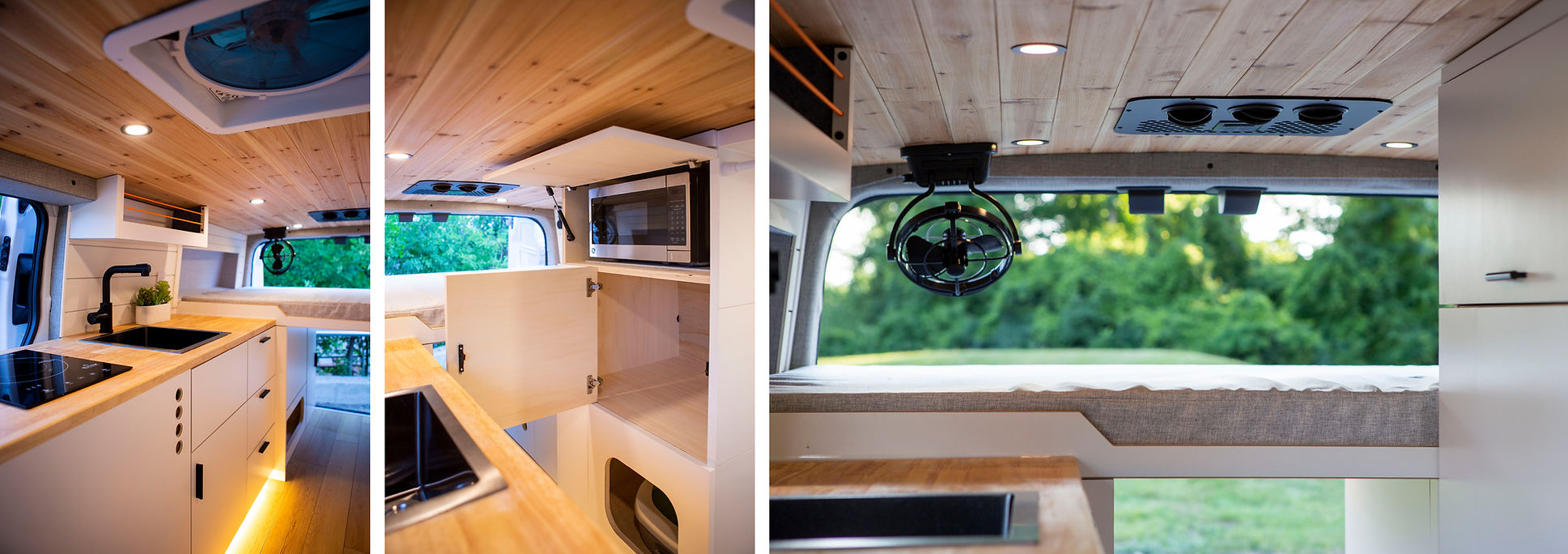 Kitchen area with sink, stove, and overhead cabinets, full height cabinet with hidden microwave and the cat litter box nook; a close look at the bed at the back of the van