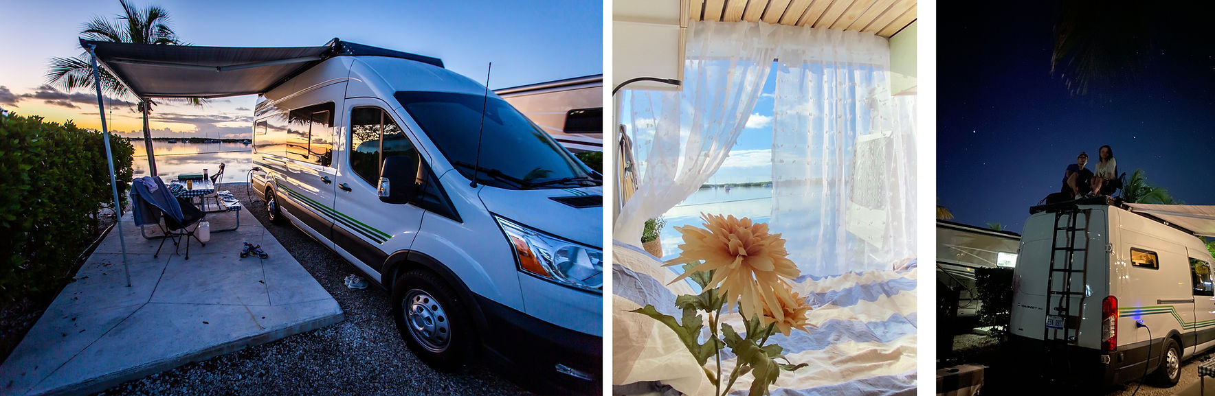 Custom build camper van on Ford Transit 148 EXT in campsite and at night with two people sitting on the roof deck