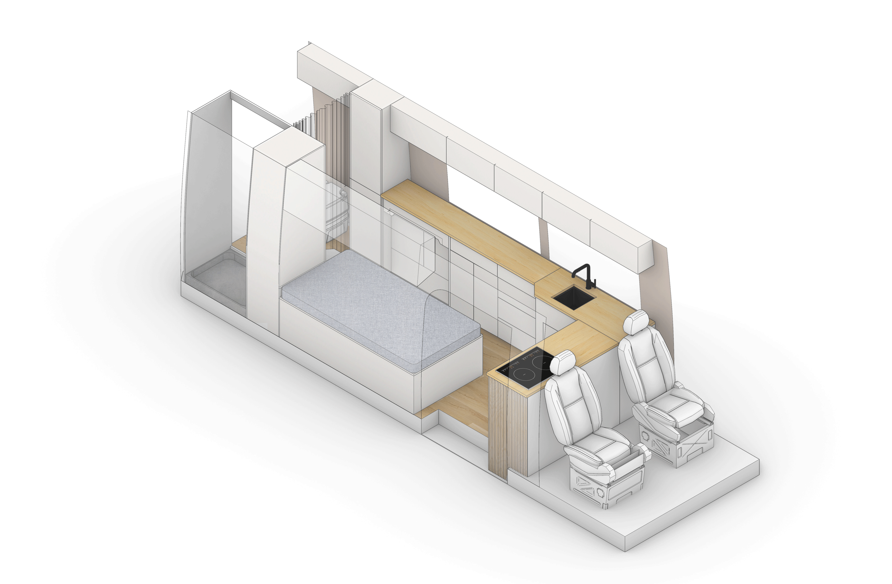 3D design model for the camper van layout for a solo vanlifer, featuring a rear full bathroom, a full size bed, a kitchen in the front and a studio