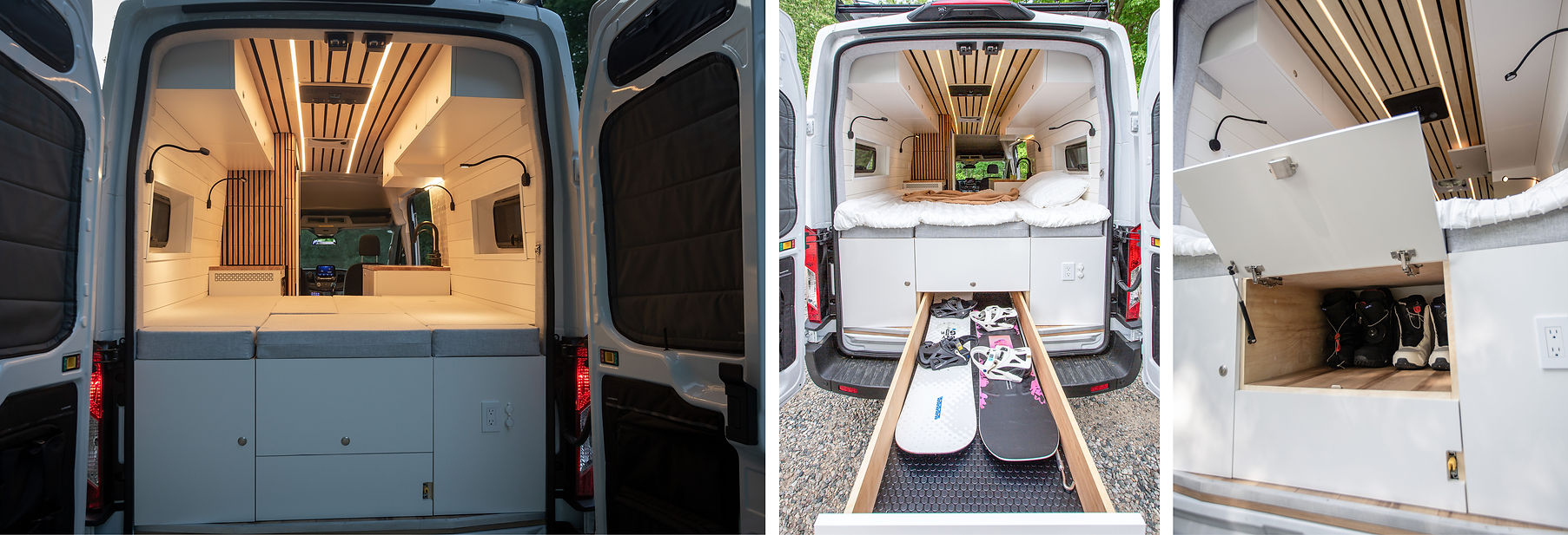 custom built camper van on Ford Transit 148 EXT with a dinette and large rear storage: a slide-out drawer for snowboards and deep cabinets for snowboots
