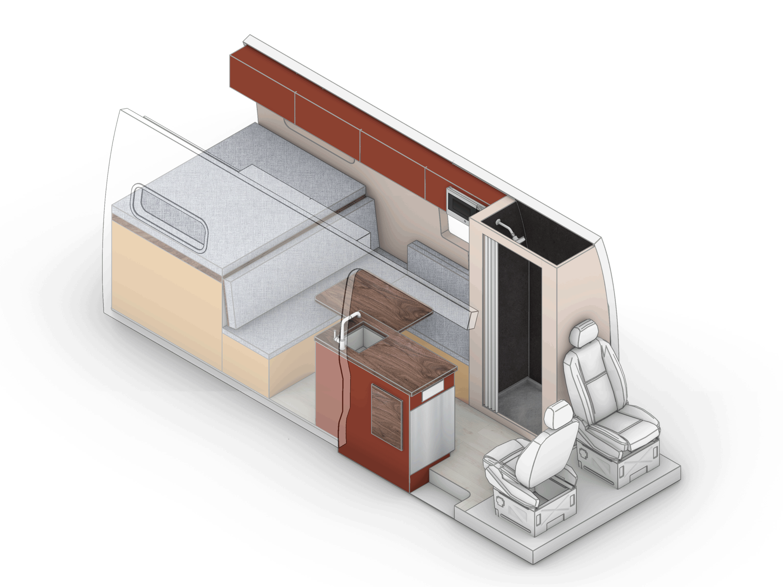 3D model of camper van Huron floorplan with fold up bed, dining area that can be converted into a second bed