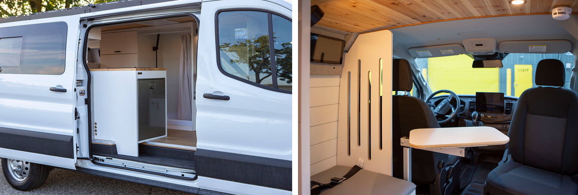 Wide view of van interior from rear to front and from side of the van– displays layout including bench seating, bathroom, kitchen, and custom partition wall separating the driver seat.