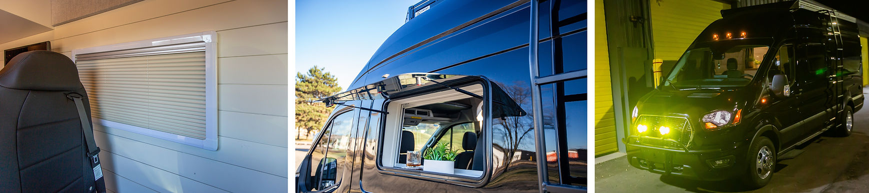 An opened awning window with built-in blinds and screen in a custom built camper van and the exterior of the camper van at night with fog lights on