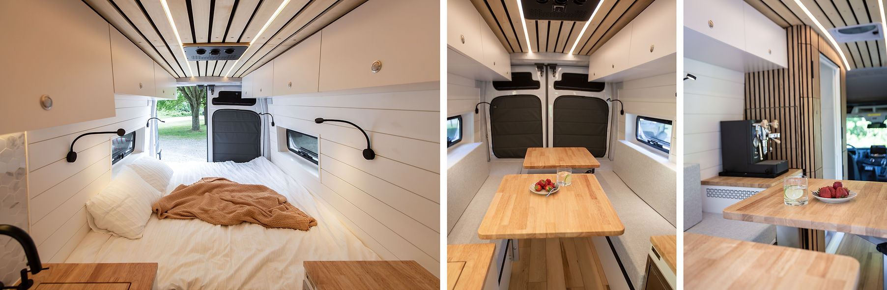 custom built camper van on Ford Transit 148 EXT with a dinette at the back which can be converted into a queen-sized bed easily