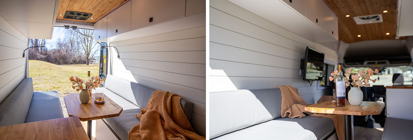 A detailed view of the camper van's dinette area, featuring stylish grey faux leather seats, white shiplap wall on both sides, upper cabinets on both sides for storage, and a wall-mounted TV for entertainment. The space is designed for both comfort and functionality.