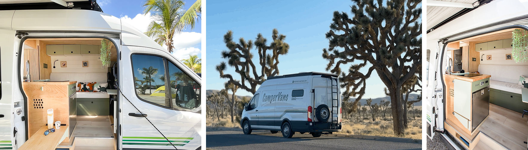 Custom build camper van on Ford Transit 148 EXT, parking in the nature in florida and Joshua Tree National Park