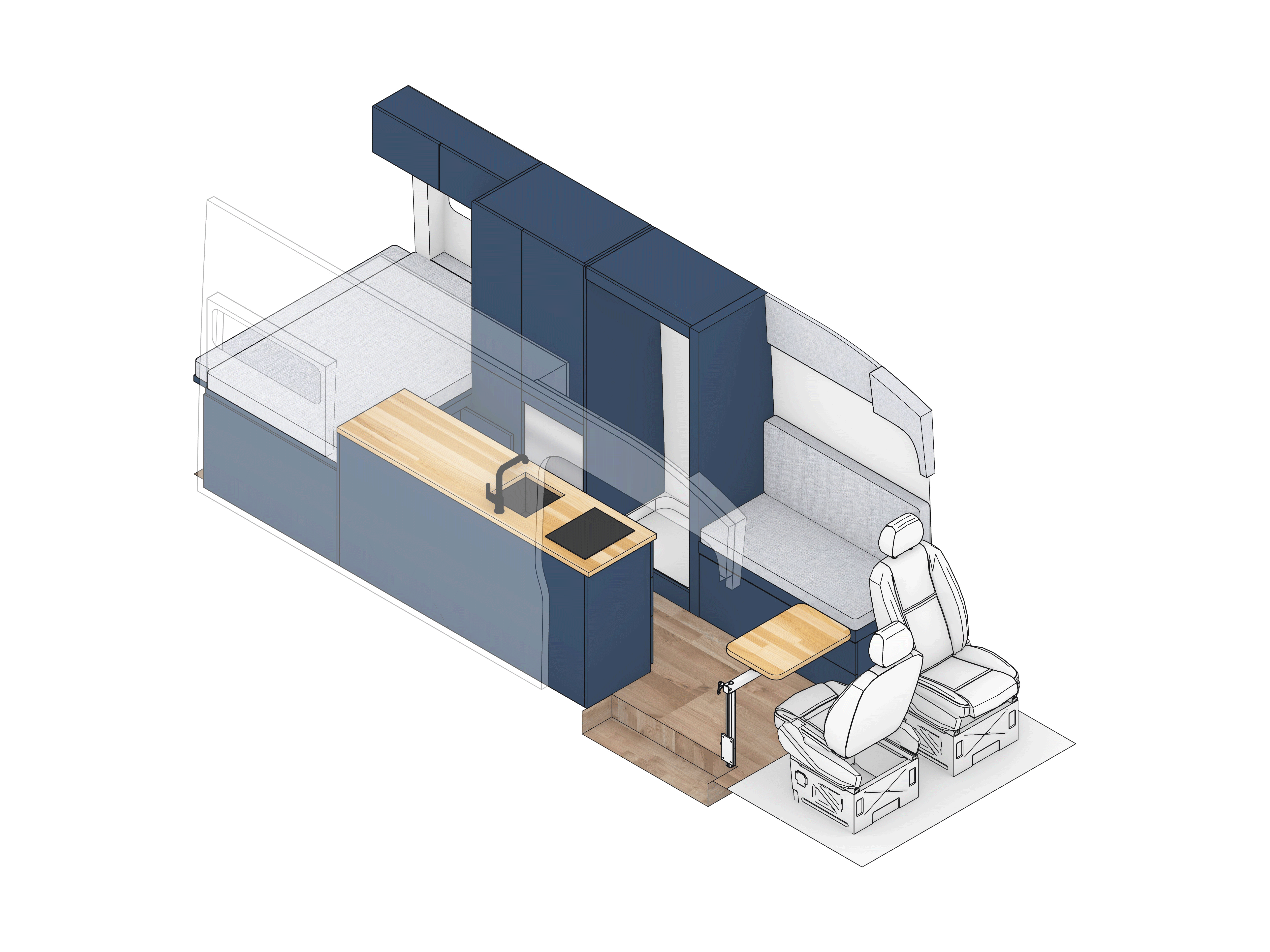 3D layout rendering of the Swickster camper van conversion, showing the rear bed platform, galley kitchen, tall storage cabinets, open walkway, and front seating area.