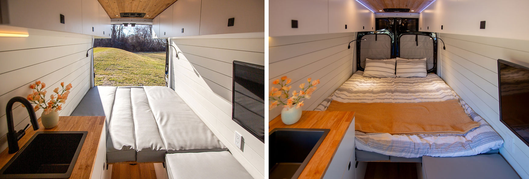a dinette in the bed mode in a custom build Transit camper van