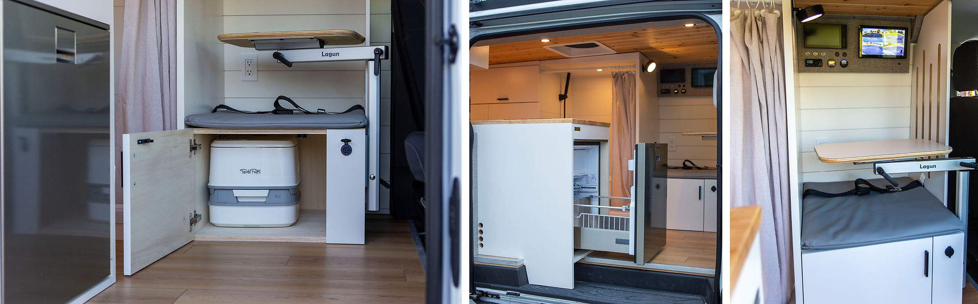 A hidden toilet under the bench and Lounge area with bench and swivel seat setup – convertible space for dining, relaxing, or remote work.