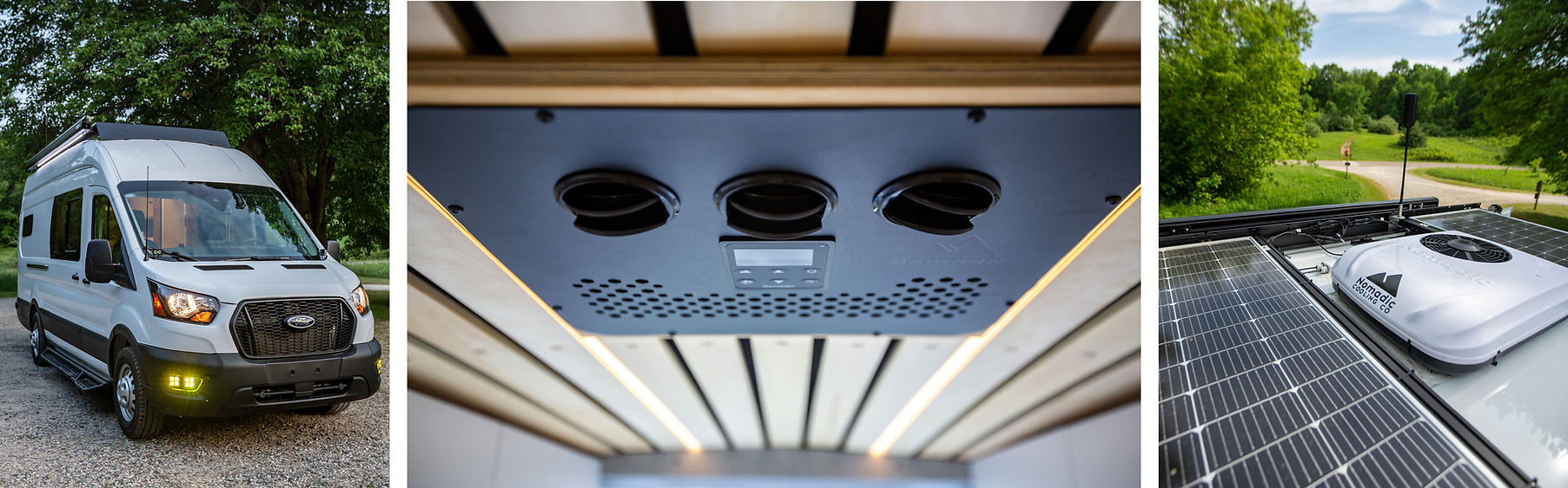 exterior of a custom built camper van on Ford Transit 148 EXT: lights, look of the AC from both inside and outside, solar panels on the roof