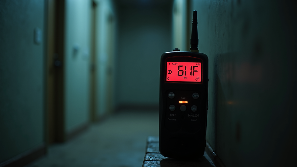 Close-up view of EMF meter displaying readings during a paranormal investigation