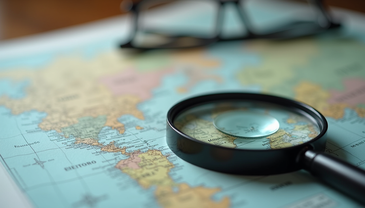 Eye-level view of a magnifying glass over a detailed map