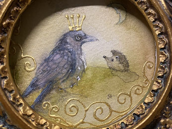 Corvid and hedgehog under a moon made from cheese illustration