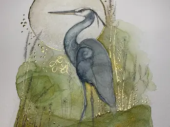 Heron bird in blues with golden moon shape illustration