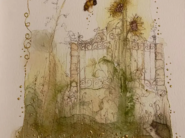bees and flowers beside an iron garden gate illustration