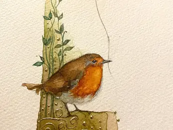 Red robin bird with golden heart shaped balloon illustration
