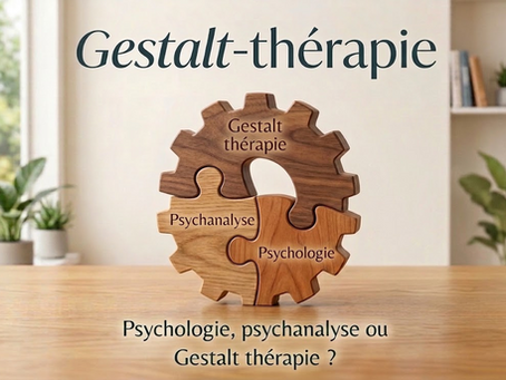 Pièces de puzzle en bois représentant la psychologie, la psychanalyse et la Gestalt-thérapie.