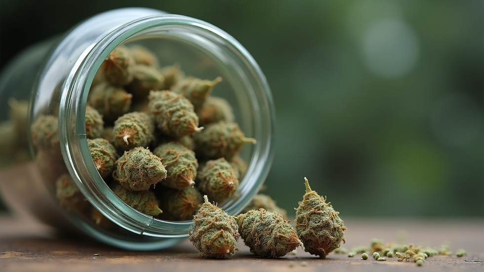 Close-up view of cannabis flower buds in a glass jar