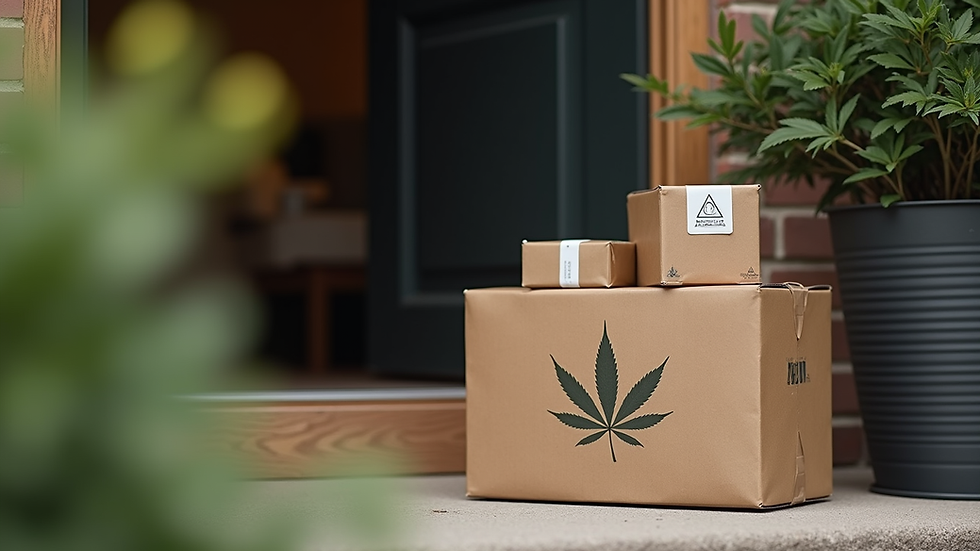 Close-up view of a delivery package with cannabis products on a doorstep