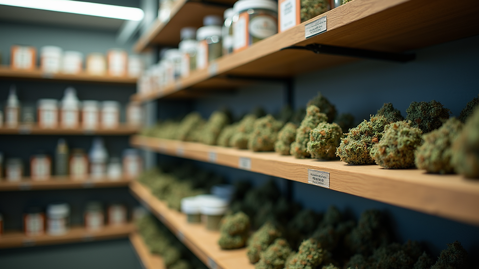 Eye-level view of a cannabis dispensary shelf with various hybrid strains