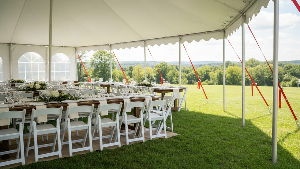 Close-up view of elegant white folding chairs arranged neatly around a banquet table