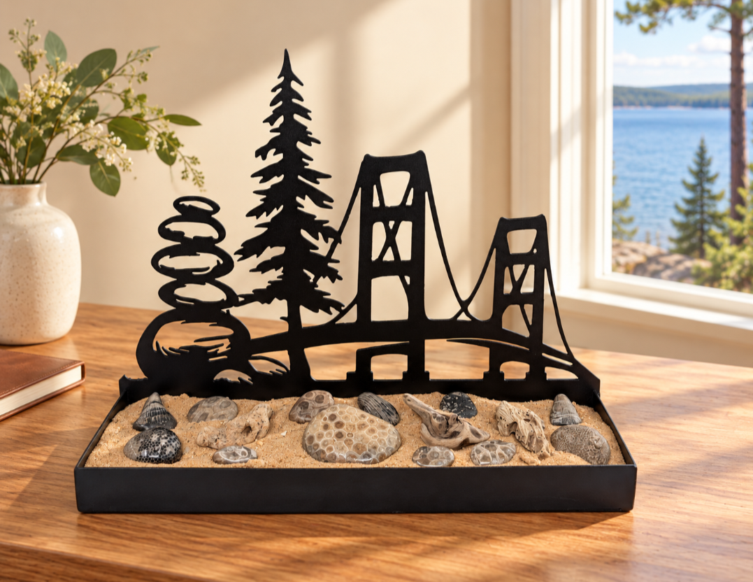 Rock pile and Mackinac Bride rock display art