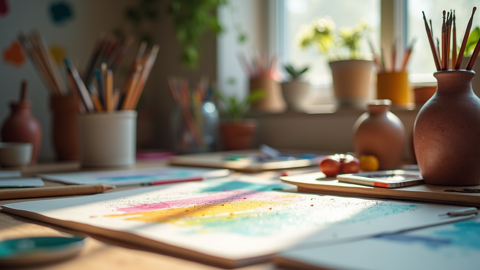 Eye-level view of a serene art therapy workshop space with colorful art supplies