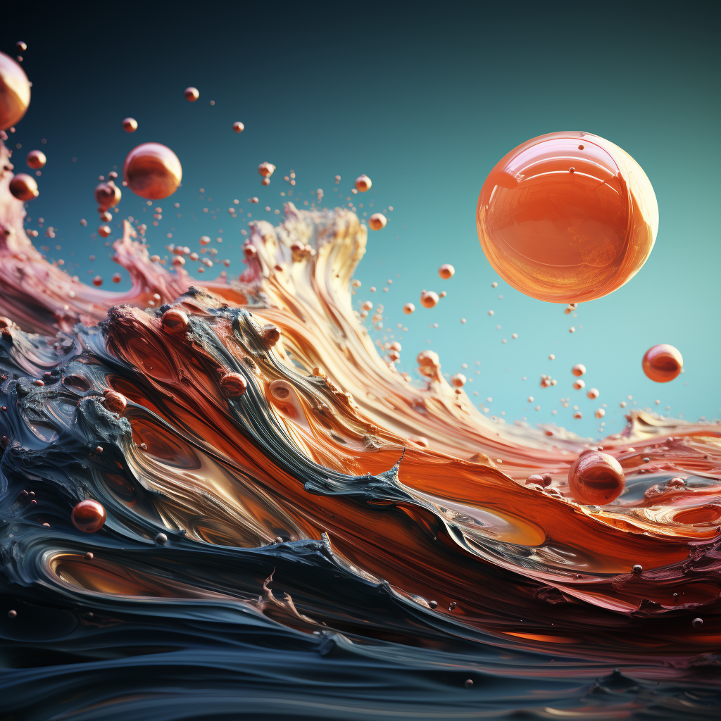 a crisp orange sphere hovers above a colorful splash of synthetic waves