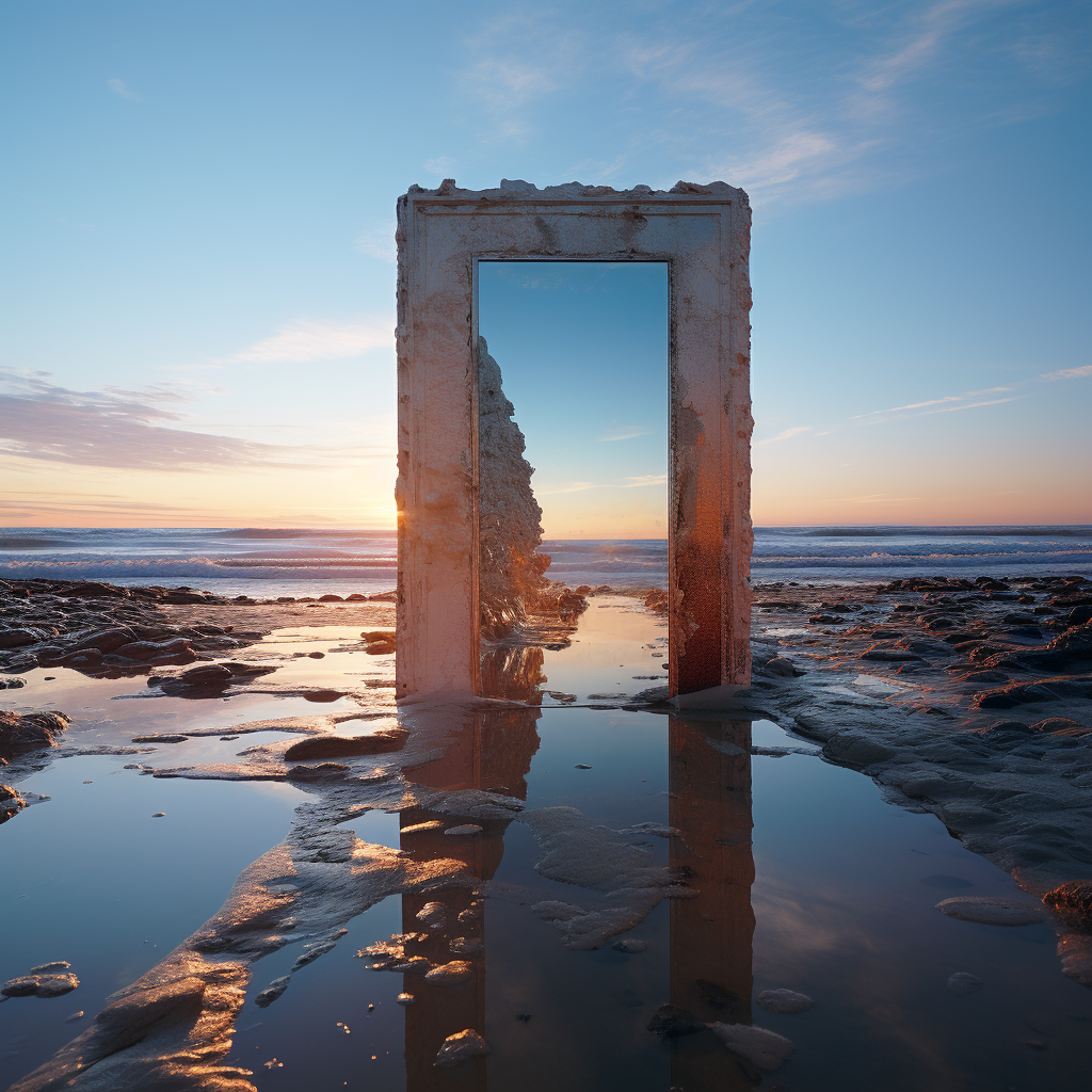 Open doorway on a beach in the middle of nowhere.