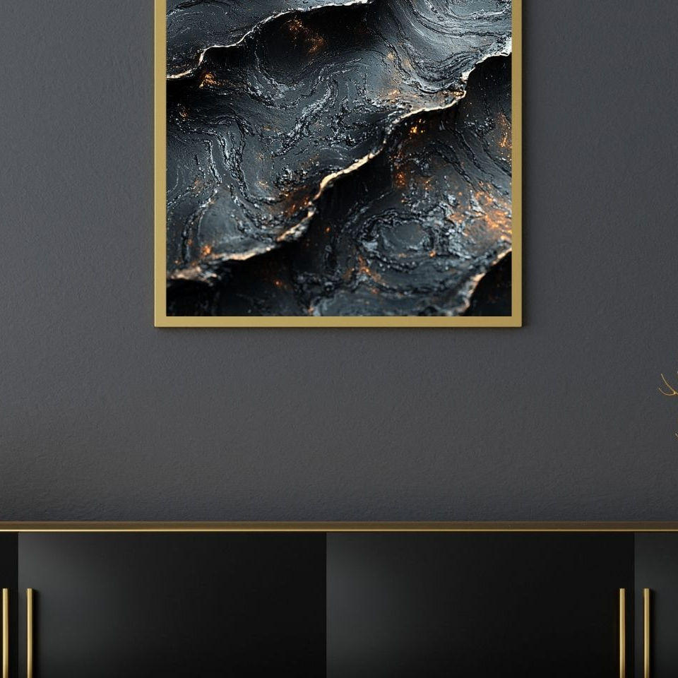 Gray walls and black couch with a colorful gold lined, gun-metal painting above.