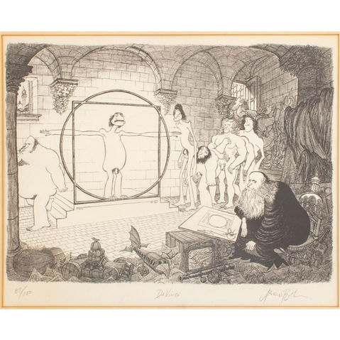 Cartoon ‘Da Vinci’ by late 20th-century illustrator Arnold Roth, acquired by The Martin Art Trust in April 2025. The artwork humorously imagines Leonardo da Vinci holding a casting call for his ‘Vitruvian Man,’ showing alternative model candidates and highlighting the absurdities of culture and the human condition.