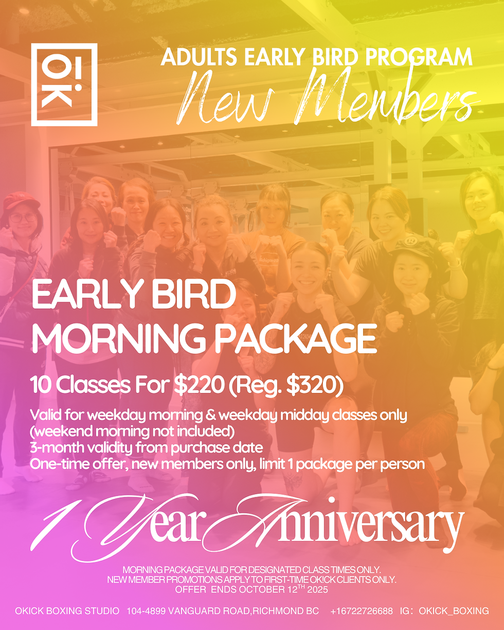 Group of people smiling and posing in a BOXING gym. Text promotes an early bird boxing package with discounts and details for new members. Bright colors.