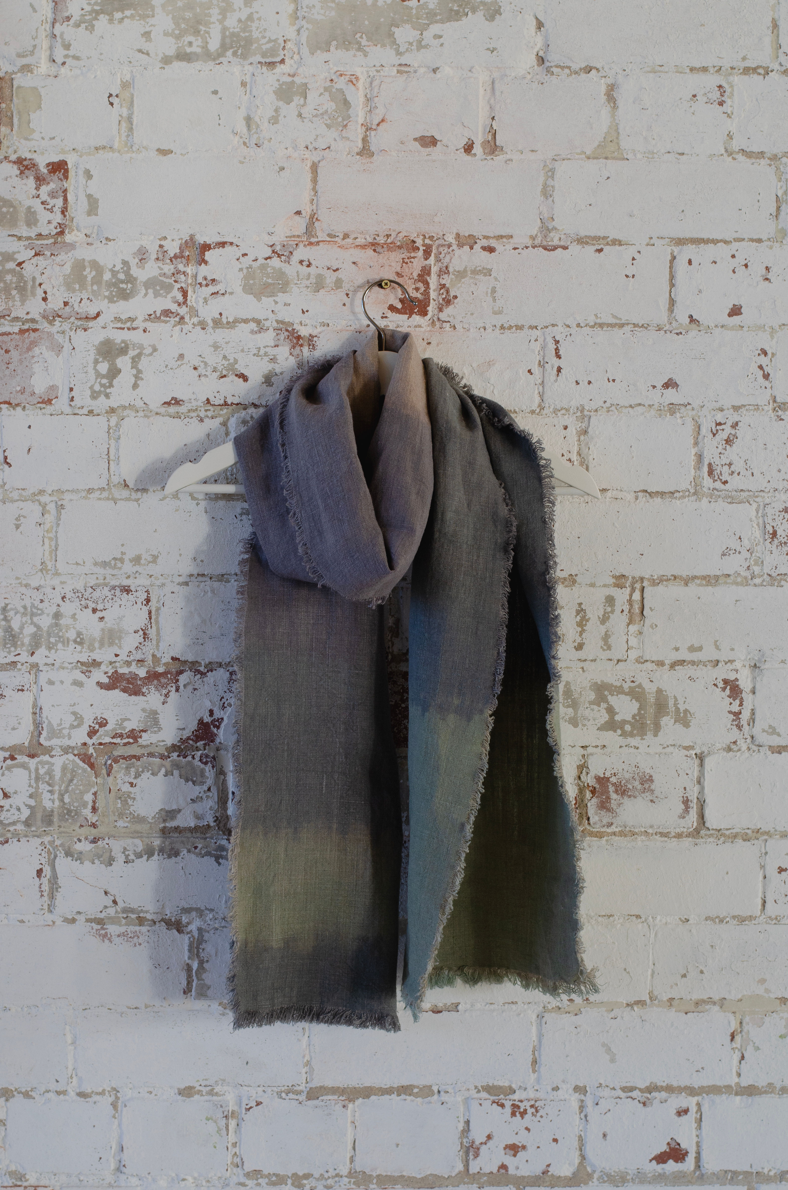 Hand Dyed Irish Linen Scarf Green and Greys -wide