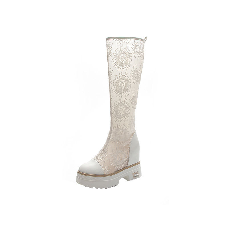 Thumbnail: Designer Women's Laces Cool Boots Fashion White Hollow Mid Heels Knee-high Long 